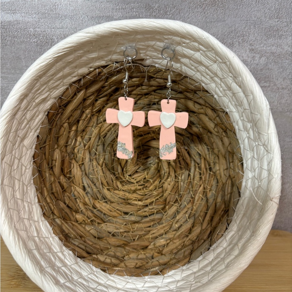 Pink Cross Earrings with Heart Detail